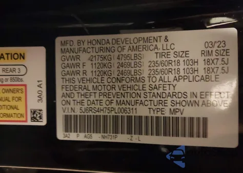 2023 Honda Cr-V Ex-L Awd z USA, uszkodzony, nr VIN 5J6RS4H75PL006311